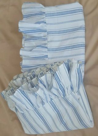 Two (2) Vtg.  Ralph Lauren Twin Flat Sheets Blue Ticking Stripe Ruffle Fabric