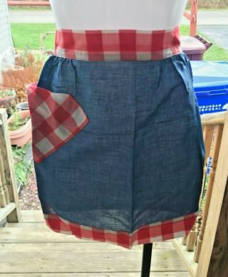 Vintage Blue With Red And White Checked Half Kitchen Apron Handmade