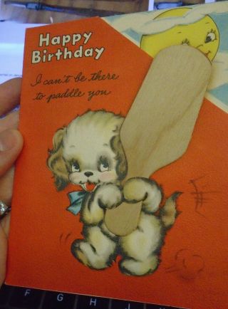 Vintage 1940s Birthday Greeting Card Children Wood Spanking Paddle Puppy Dog
