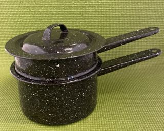 Vintage Enamelware Double Boiler Pot Black Enamel White Speckle Graniteware D52