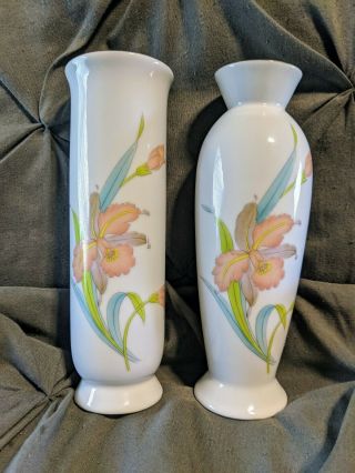 Vintage Orchid Mist By Otagiri Bud Vases Set Pair Orange Teal Green 7 " Tall