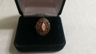 Vintage Goldtone Metal Filigree Faux Fire Opal Pink Crystal Oval Ring Size 6