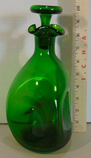Vintage 1950s Blenko Green Glass Decanter With Glass Stopper Dimpled Sides Empty