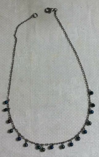 Vintage Textured Silvertone Metal Tiny Peacock Glass Bead Dangles 16 " Necklace