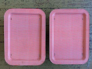 2 Vintage Metal Red And White Checked Gingham Breakfast Folding Lap Tray Trays