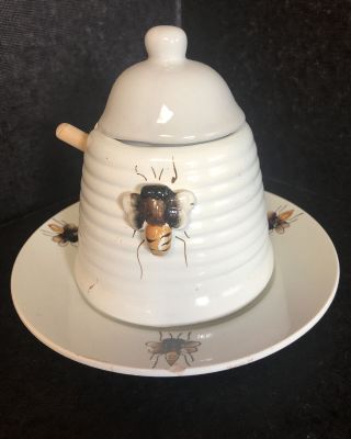 Vintage Ceramic Pottery Honey Pot Bumble Bee Hive Lidded Jar With Spoon