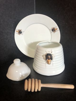 Vintage Ceramic Pottery Honey Pot Bumble Bee Hive Lidded Jar With Spoon 3