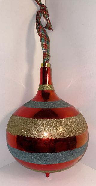 Vintage Huge Red Silver And Gold Plastic Christmas Ornament