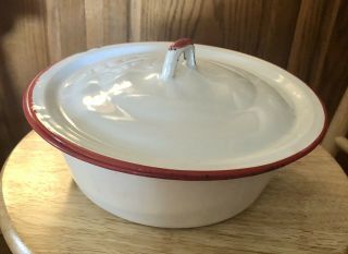 Porcelain Vintage Enamelware Bowl With Lid - White With Red Rim