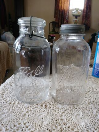 2 Vintage Ball Mason Clear 1/2 Half Gallon,  Canning Jars 1 Ribbed & Square