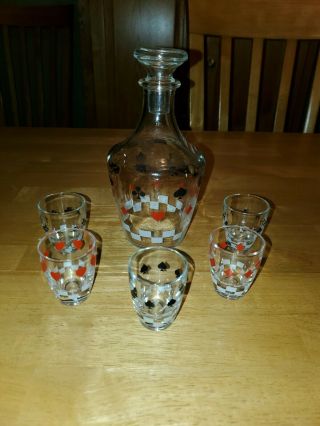Vintage Playing Card Suit Decanter W/5 Glasses.  Spade/club/diamond/heart.  France