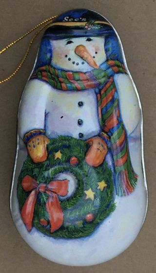 Vintage 1994 See’s Candy Snowman Tin Christmas Holiday Ornament
