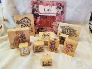 17 Vtg Wood Rubber Stamps Animals Victorian Cats Stampendous Bear All Night 7