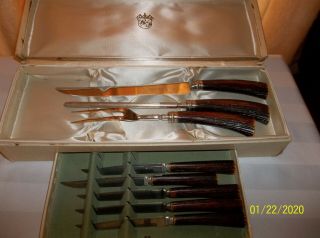 Vintage Washington Forge Faux Stag Horn Carving Set,  5 Steak Knives