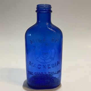 Vintage 1906 - Milk Of Magnesia Phillips - Cobalt Blue Glass Bottle,  5 " Tall