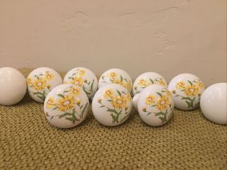 10 Vtg.  Porcelain Ceramic Cabinet Dresser Drawer Knob Pulls Floral Yellow 1.  5”