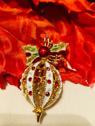 Vintage Gold Tone Red Rhinestones White Enamel Christmas Ornament Holly Brooch