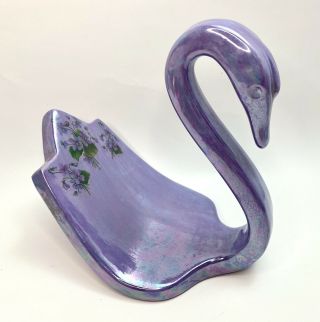 Vintage 7 " Iridescent Purple Ceramic Swan Towel Washcloth Holder Floral Lavender