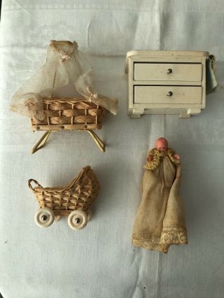 Vintage Cane Dollhouse Baby Furniture,  And Rubberized Babydoll