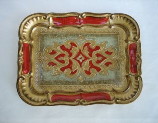 Vintage Italian Florentine Carved Gilded Painted Small Wood Tray Florence Italy