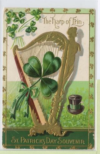 Vintage 1912 Postcard Embossed The Harp Of Erin St.  Patrick 