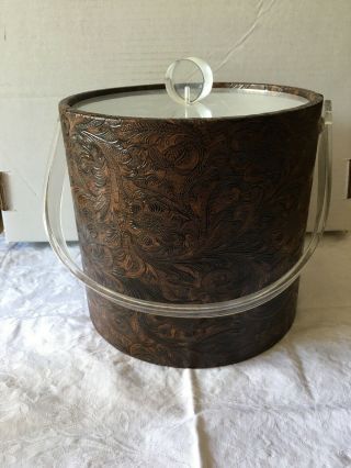 Vintage Ice Bucket Irvinware Faux Leather Embossed Tooled Floral Retro Bar Ware