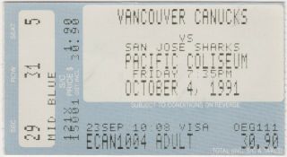 San Jose Sharks Debut Game Ticket Stub At Vancouver Canucks 10/4/1991