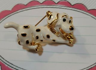 Vintage White W/black Spots Enamel Dalmatian Puppy Dog Golden Pin Brooch