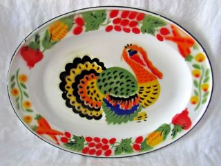 Vintage Large Enamelware Turkey Platter Enamel Tray Server Plate Vegetables
