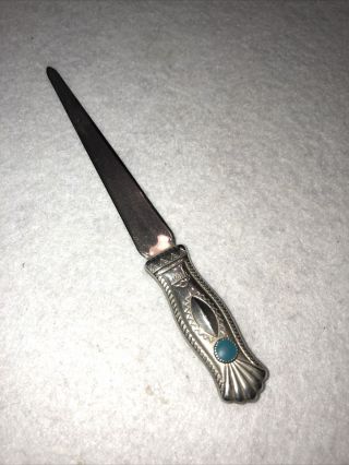 Vintage Collectible Silver Art Deco Metal Knife Letter Opener W/ Turquoise