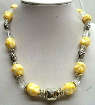 Stunning Vintage Estate Chunky Silver Tone Yellow Bead 24 " Necklace 6481o