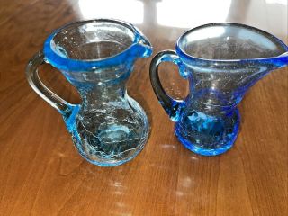 2 Vintage Blue Crackle Glass Mini Pitchers Applied Handle