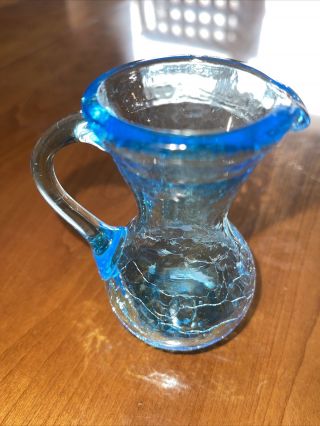 2 Vintage Blue Crackle Glass Mini Pitchers Applied Handle 2