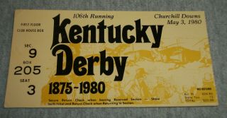 106th Running Kentucky Derby Ticket Stub Churchill Downs May 3,  1980