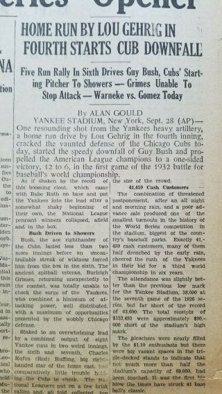 September 29,  1932 Newspaper NY Yankees World Series Baseball Game Gehrig Ruth 3