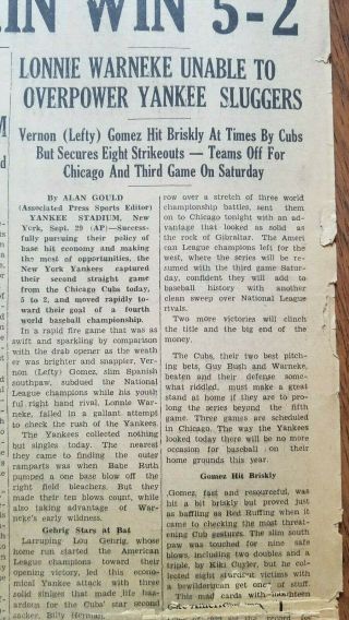 September 30,  1932 Newspaper NY Yankees World Series Baseball Game Gehrig Ruth 3