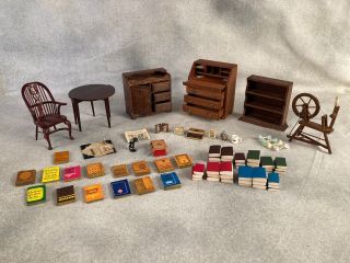 Vintage Doll House Miniatures Study Library Books Desk Typewriter Loom Acces,