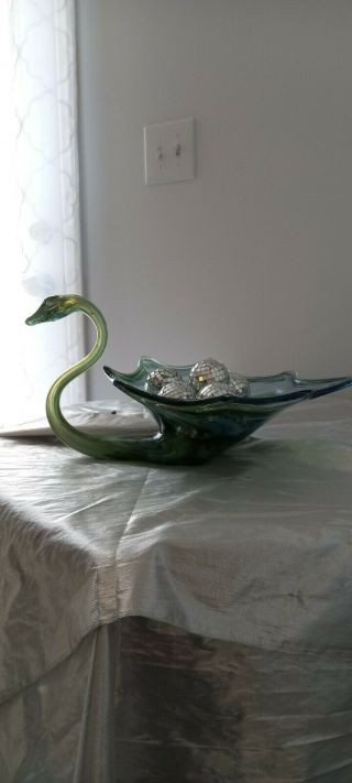 Murano Style Vintage Hand Blown Art Glass Swan Centerpiece Bowl