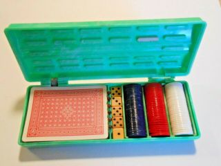 Vintage Mid Century Green Marbled Plastic Cribbage Board / Game Travel Kit Usa