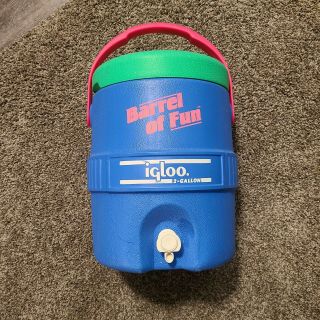 Vintage Igloo Barrel Of Fun 2 Gallon Water Cooler Teal Pink Yellow