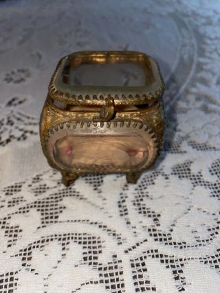 Vintage Gold Filigree Beveled Glass Casket Jewelry Ring Box Small