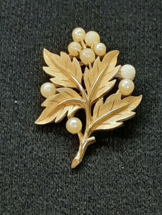Vintage Crown Trifari Brushed Gold Tone Faux Pearls Leaf Brooch