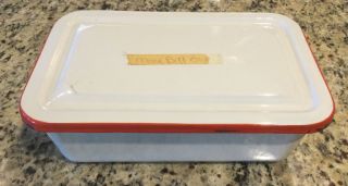 Old Vintage Red And White Enamelware Refrigerator Box Pan With Lid 12 " X 8 "