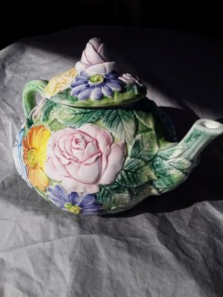Colorful Vintage Springtime Flowers Majolica Hand Painted Teapot Made In Italy
