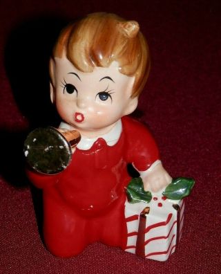Vintage Josef Originals Christmas Decoration Boy/girl W/present And Blowing Horn