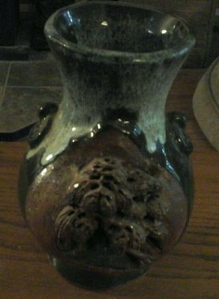Banko Ware Green Glazed Pottery Vase Carved Temple Vintage Japanese 7 " High