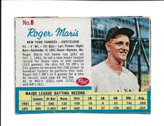 Vintage 1962 Post Cereal Baseball Card Roger Maris 6 York Yankees
