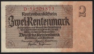 1937 2 Rentenmark Germany Vintage Nazi Old Money Banknote 3rd Reich Currency Unc