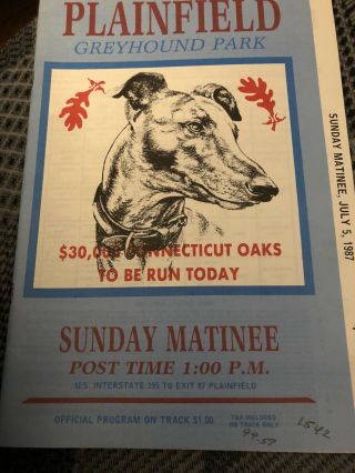 Plainfield Greyhound Program Connecticut Oaks Finals 1987