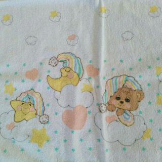 Vintage 80s Riegel Receiving Baby Blanket Teddy Beddy Bear Clouds Moon Stars Usa